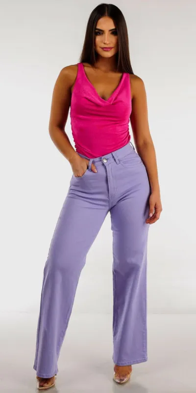 Lavender Wide Straight Leg Jeans with Sleeveless Fuchsia Cowl Neck Top sold by Moda