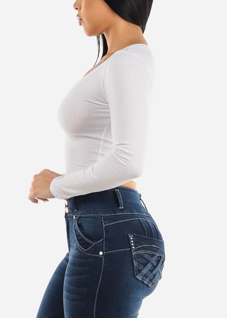 White Vneck Long Sleeve Ribbed Crop Top sold by Moda product image thumbnail 3