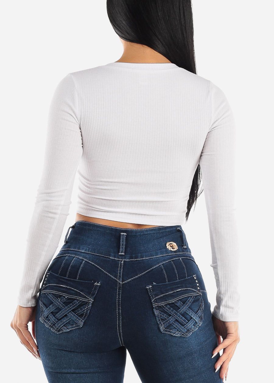 White Vneck Long Sleeve Ribbed Crop Top sold by Moda product image thumbnail 4