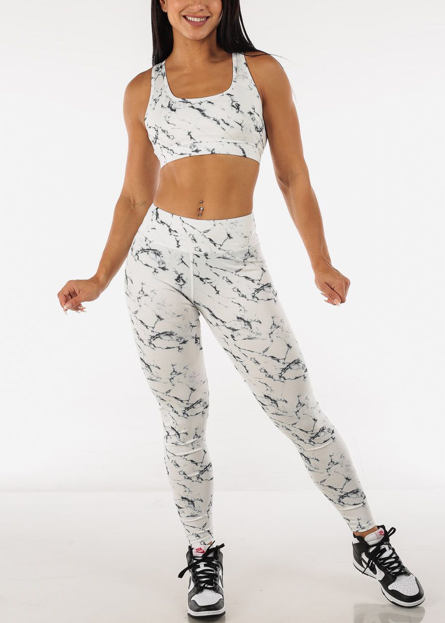 White Printed High Rise Leggings with Matching Sports Bra (2 PCE SET) sold by Moda