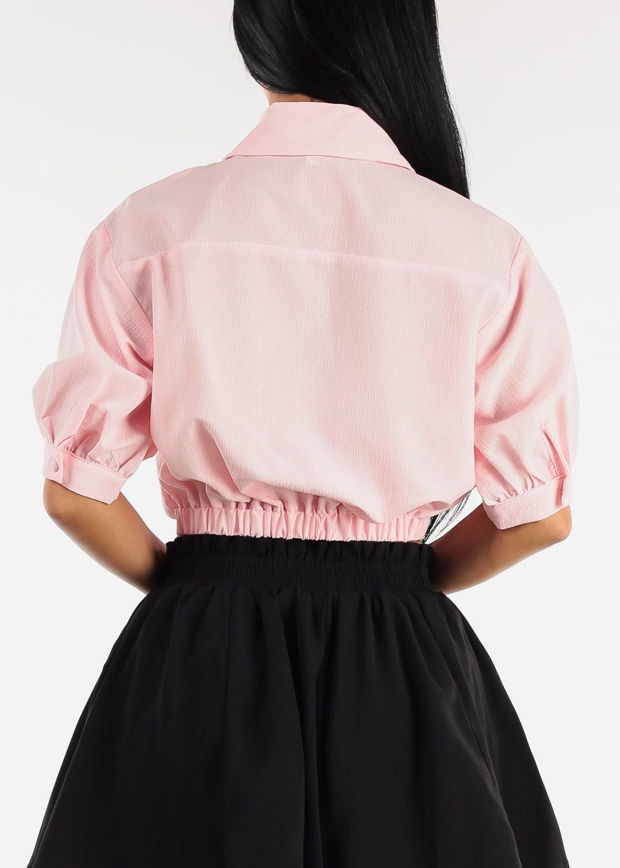 Puff Sleeve Tie Front Crop Top Light Pink sold by Moda product image thumbnail 4