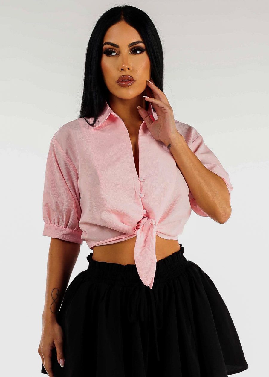 Puff Sleeve Tie Front Crop Top Light Pink sold by Moda