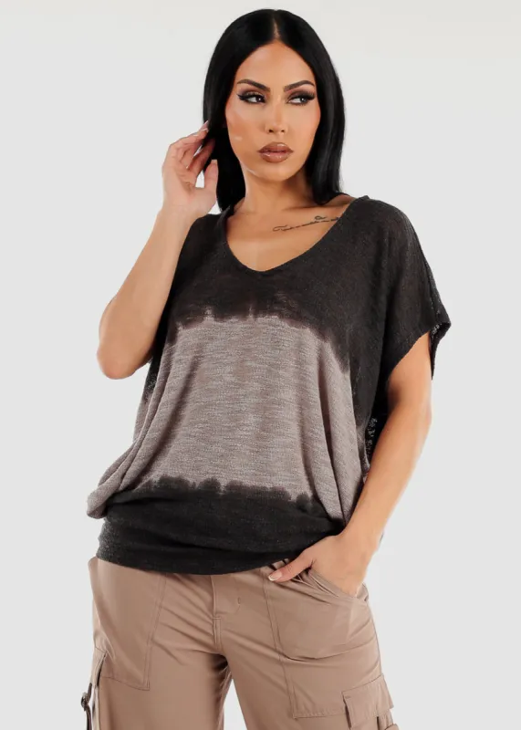 Short Dolman Sleeve Knit Tie Dye Tunic Top Charcoal sold by Moda