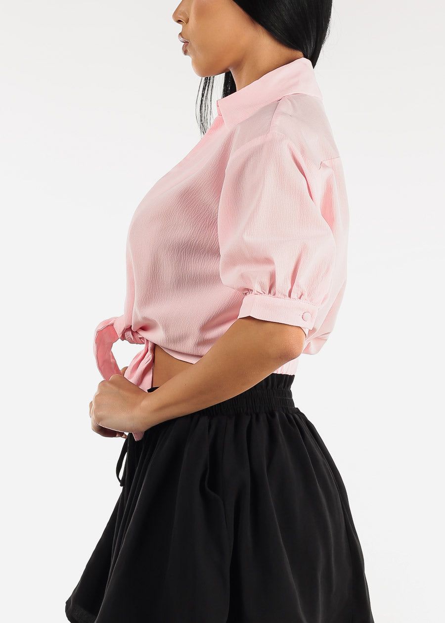 Puff Sleeve Tie Front Crop Top Light Pink sold by Moda product image thumbnail 3