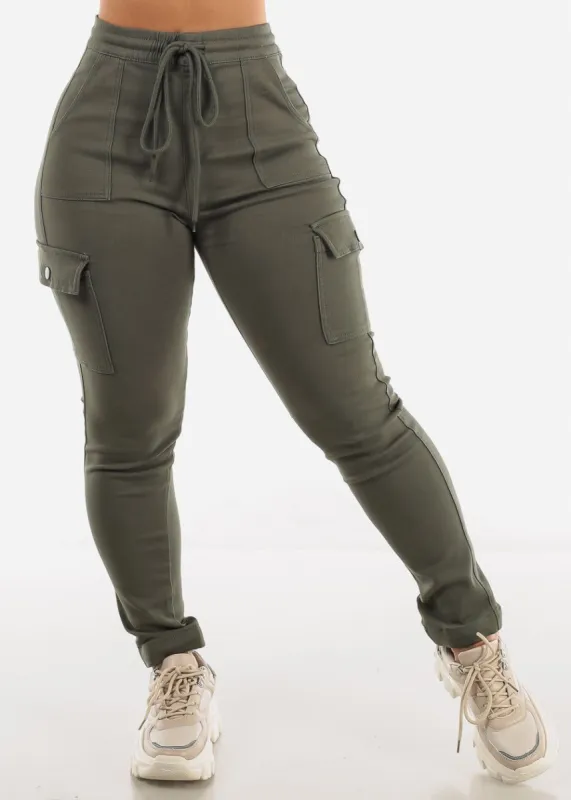 High Rise Drawstring Cargo Pants Olive sold by Moda