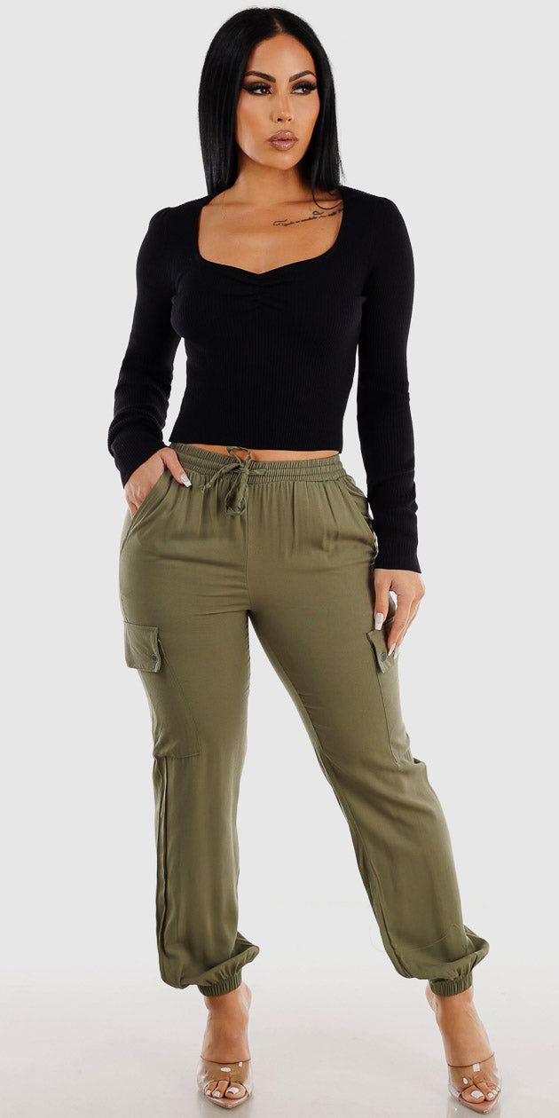 Olive Drawstring Joggers Set sold by Moda