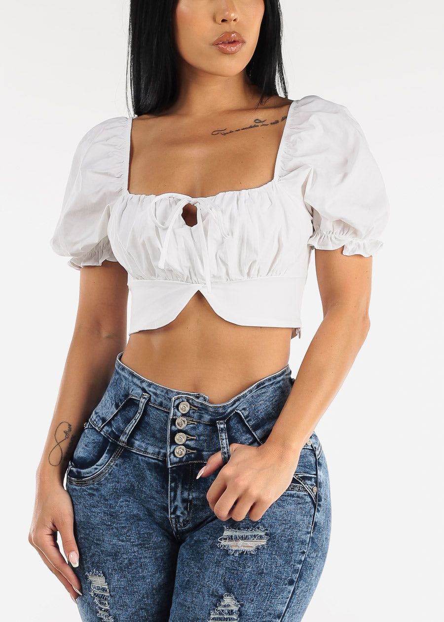 White Square Neck Short Sleeve Crop Top sold by Moda