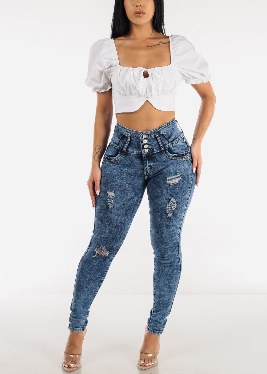 White Square Neck Short Sleeve Crop Top sold by Moda product image thumbnail 2