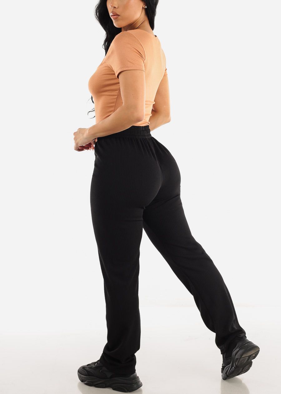 Black High Drawstring Waist Rib Knit Straight Leg Pants sold by Moda product image thumbnail 5