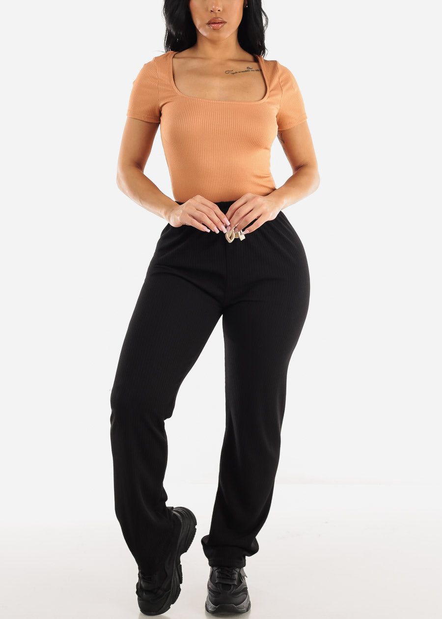 Black High Drawstring Waist Rib Knit Straight Leg Pants sold by Moda product image thumbnail 2