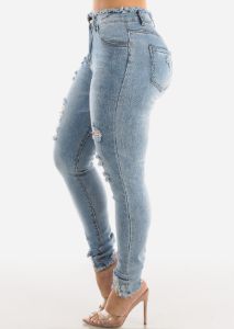 Distressed High Waisted Skinny Jeans Blue Wash sold by Moda