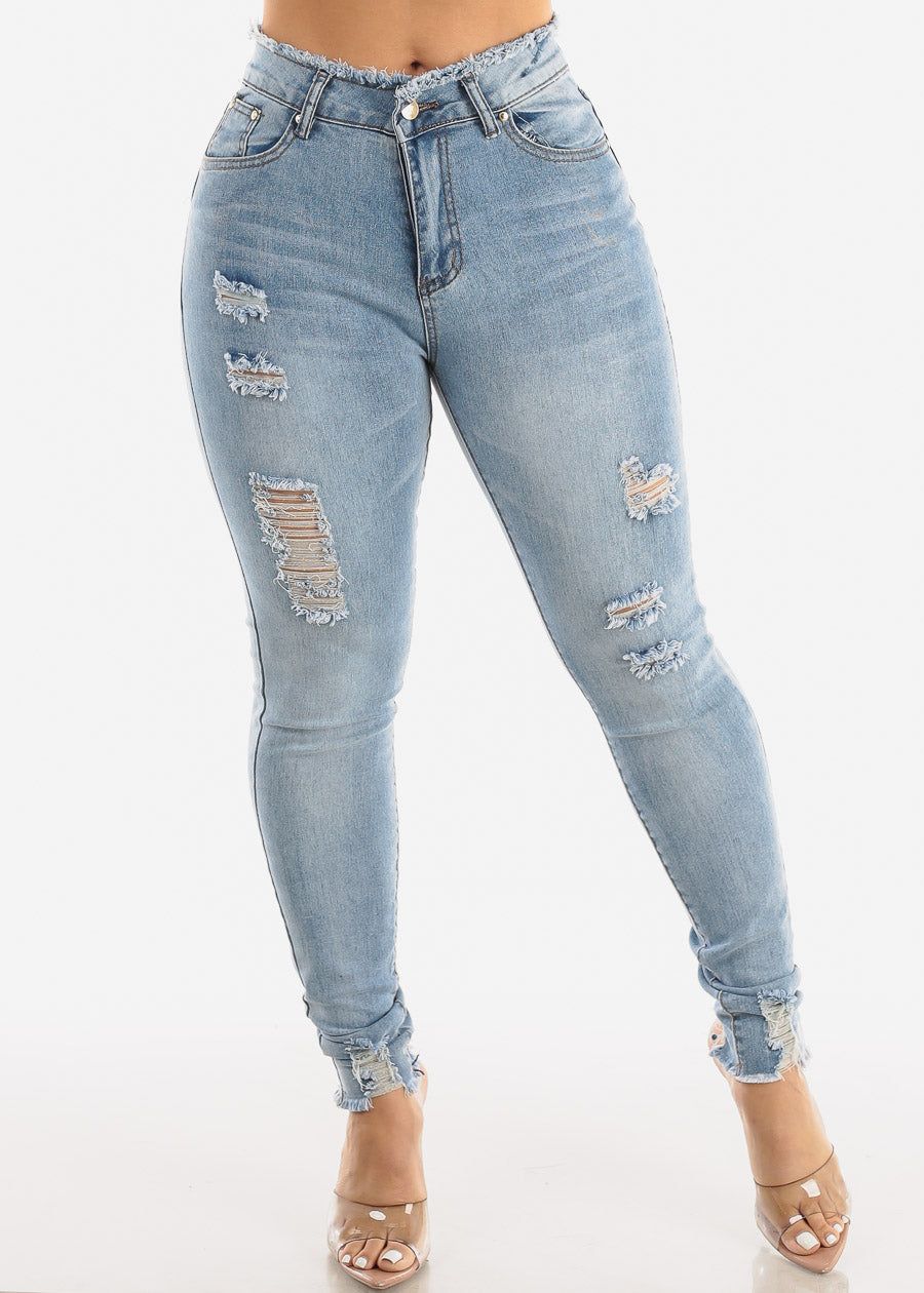 Distressed High Waisted Skinny Jeans Blue Wash sold by Moda