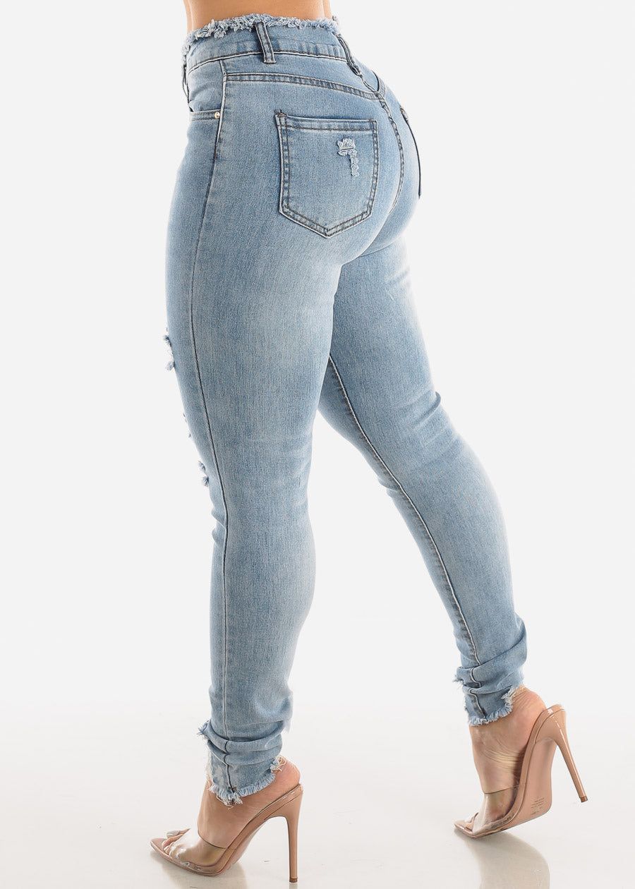 Distressed High Waisted Skinny Jeans Blue Wash sold by Moda product image thumbnail 5
