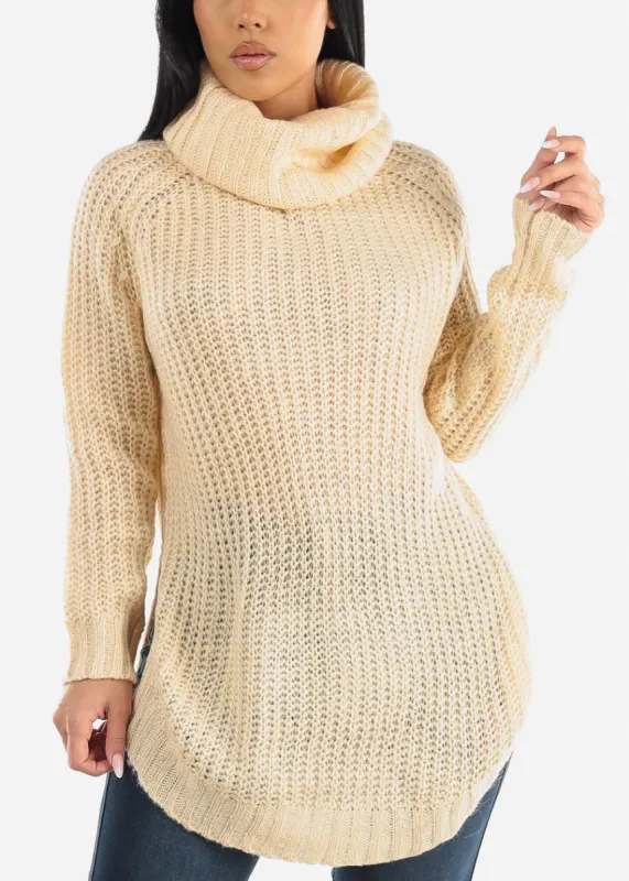 Long Sleeve Turtleneck Knitted Tunic Sweater Beige sold by Moda