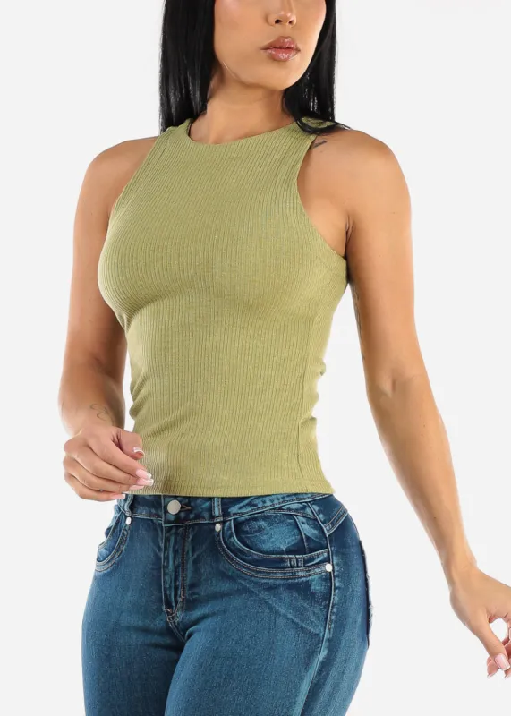 Fitted Crewneck Ribbed Tank Top Light Olive sold by Moda