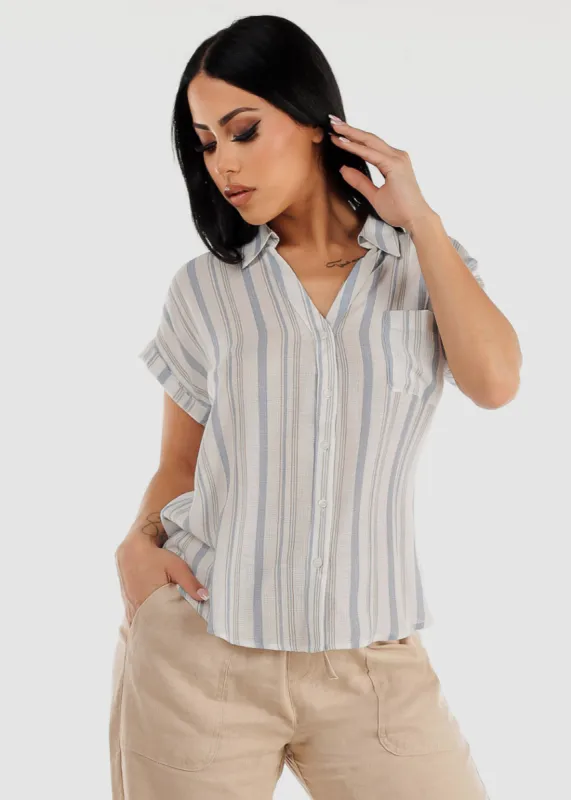 Stripe Button Up Short Sleeve Shirt Blue sold by Moda