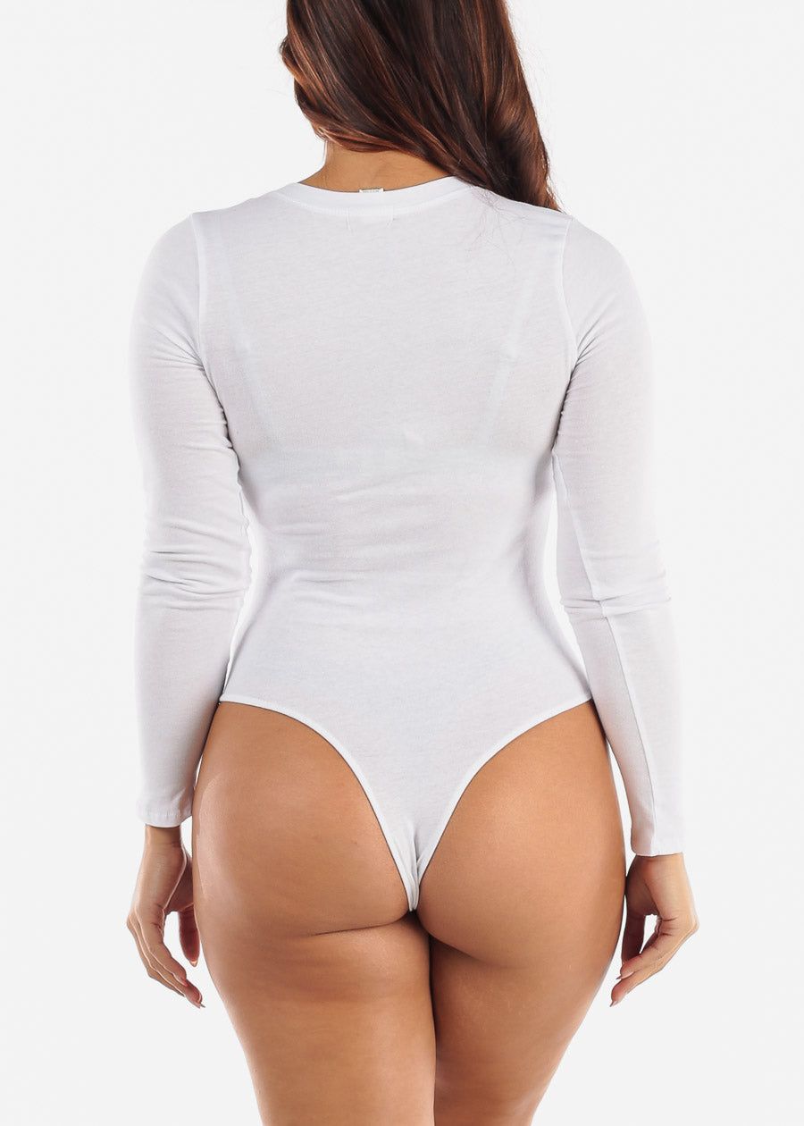 White Long Sleeve V Neck Thong Bodysuit sold by Moda product image thumbnail 4