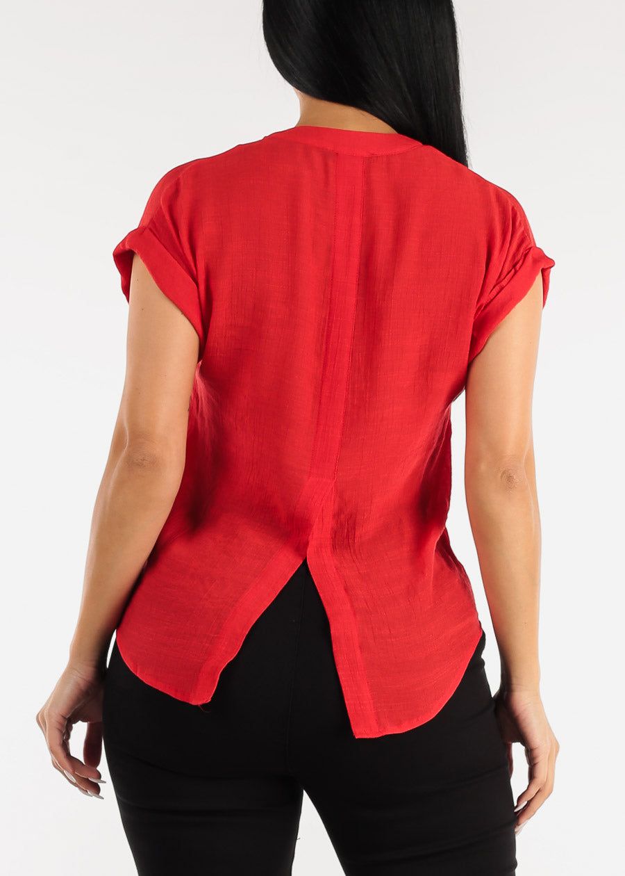 Cuffed Short Sleeve Button Up Shirt Red w Back Slit sold by Moda product image thumbnail 4