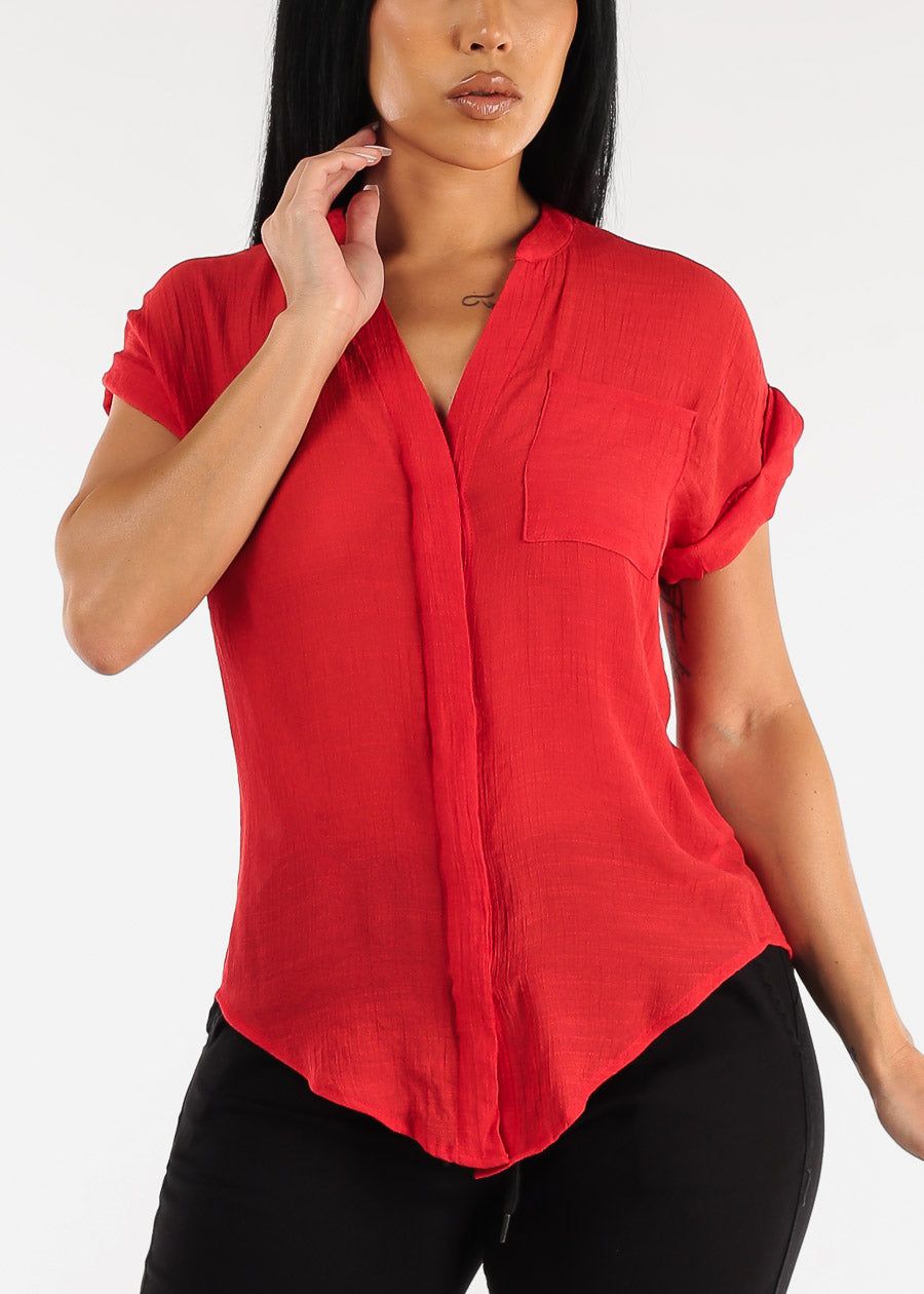 Cuffed Short Sleeve Button Up Shirt Red w Back Slit sold by Moda