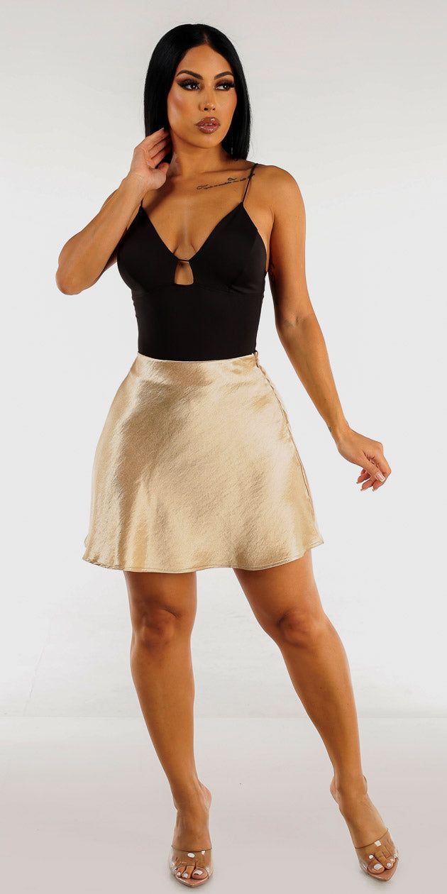Sexy High Rise Gold Satin Mini Skirt with Sleeveless Black Thong Bodysuit sold by Moda