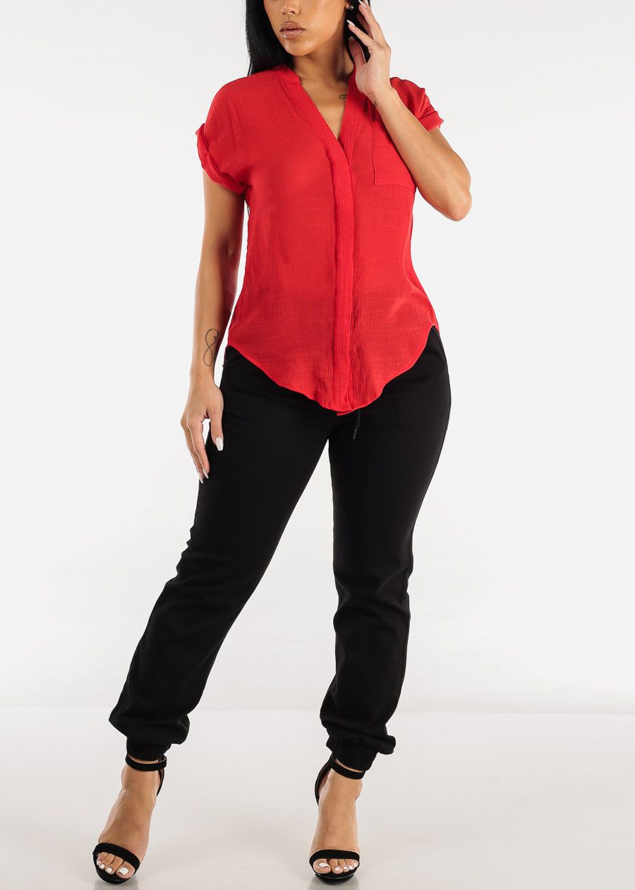 Cuffed Short Sleeve Button Up Shirt Red w Back Slit sold by Moda product image thumbnail 2