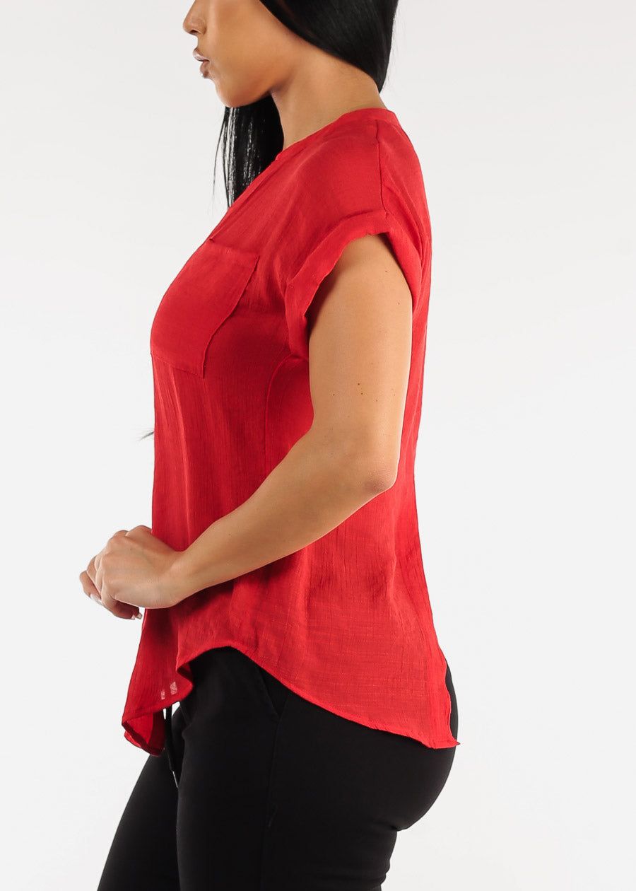 Cuffed Short Sleeve Button Up Shirt Red w Back Slit sold by Moda product image thumbnail 3