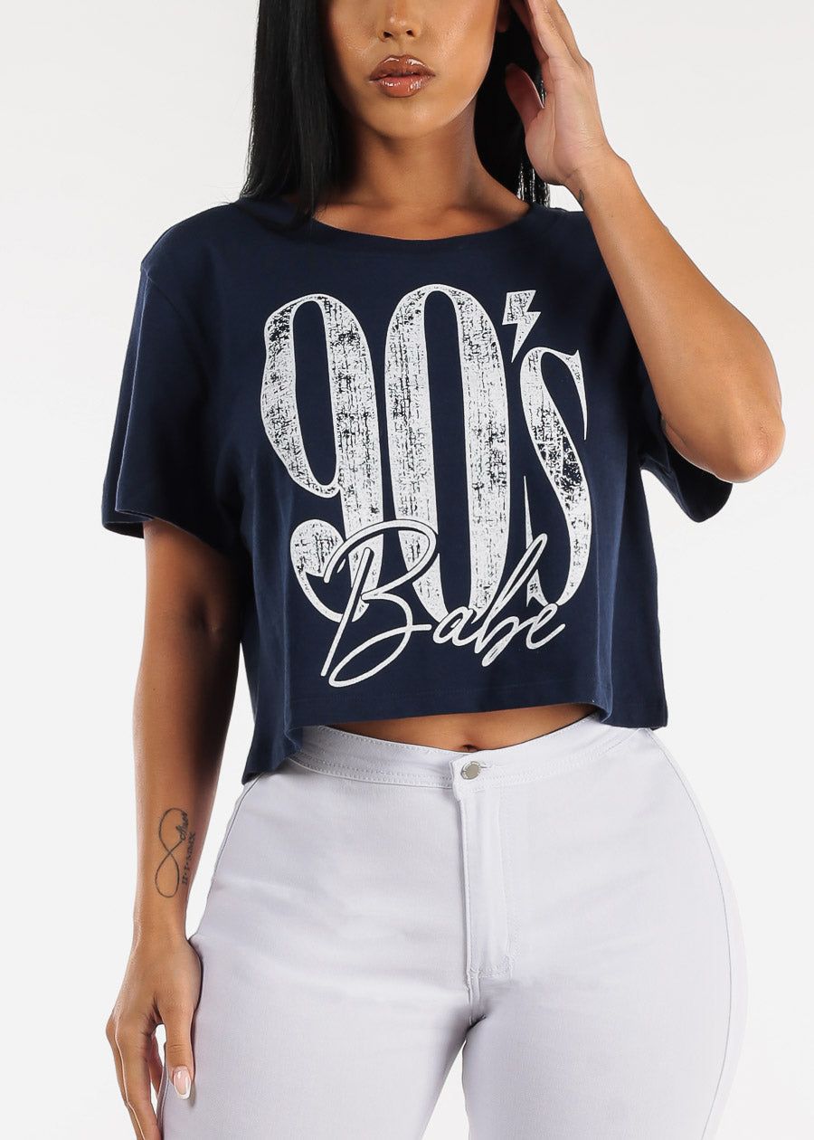Short Sleeve 90's Babe Graphic Crop Top Navy sold by Moda
