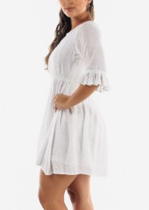 Linen White Mini Dress Quarter Sleeve sold by Moda