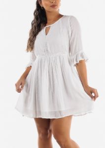 Linen White Mini Dress Quarter Sleeve sold by Moda