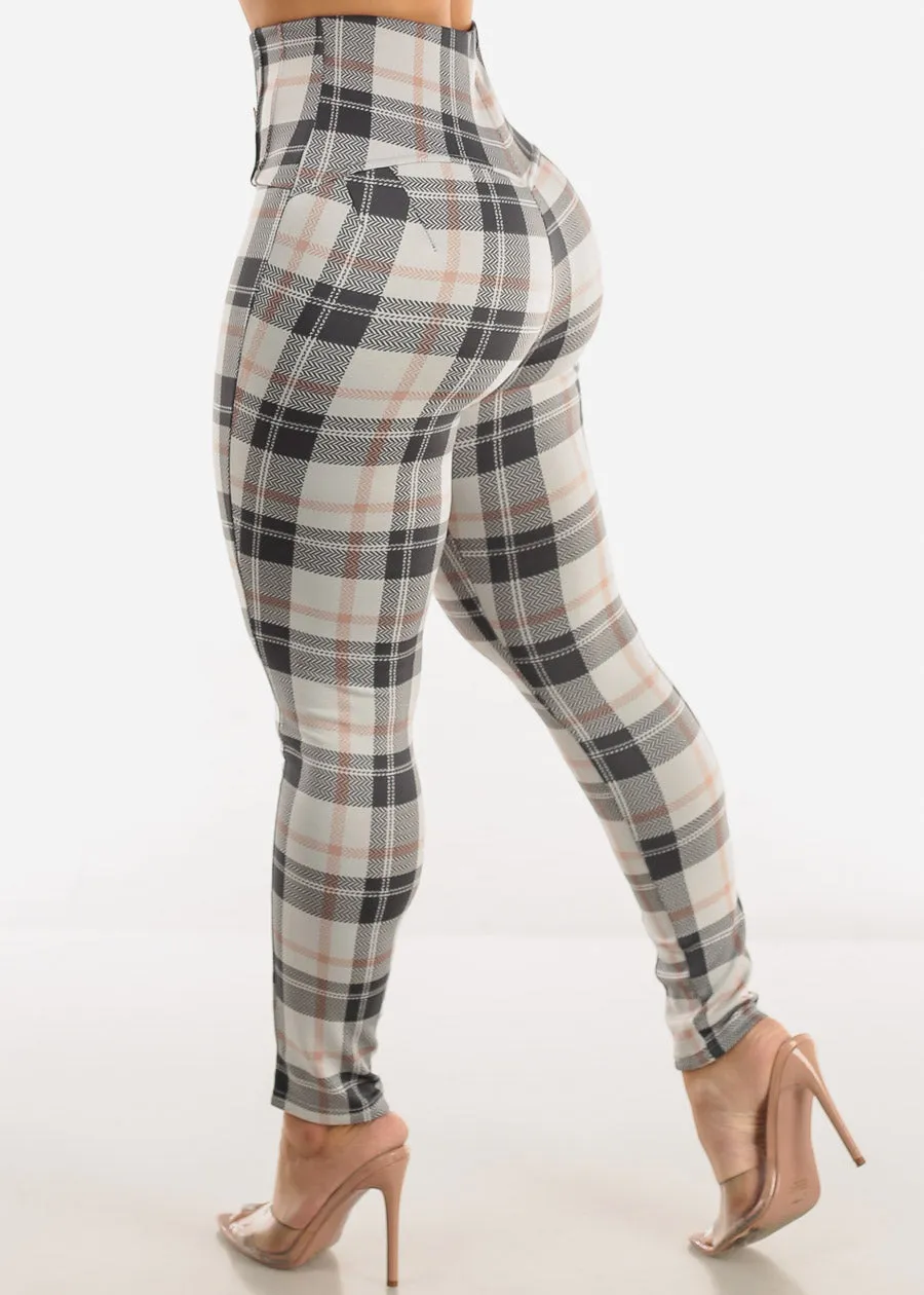 Butt Lifting Plaid Skinny Pants Ivory w Buttons Detail sold by Moda product image thumbnail 5