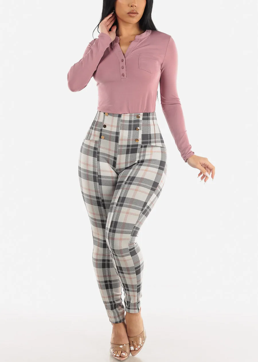 Butt Lifting Plaid Skinny Pants Ivory w Buttons Detail sold by Moda product image thumbnail 2