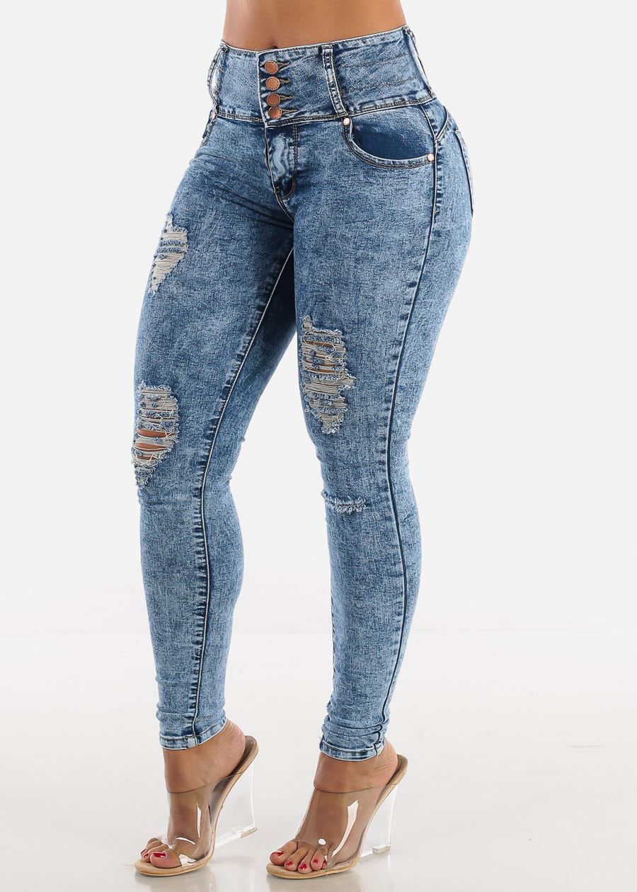 High Waisted Acid Wash Ripped Butt Lift Jeans sold by Moda product image thumbnail 2