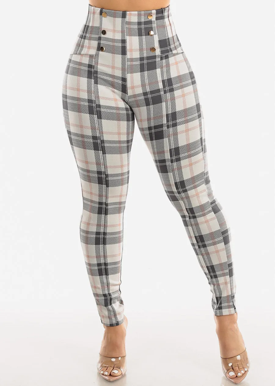 Butt Lifting Plaid Skinny Pants Ivory w Buttons Detail sold by Moda product image thumbnail 3