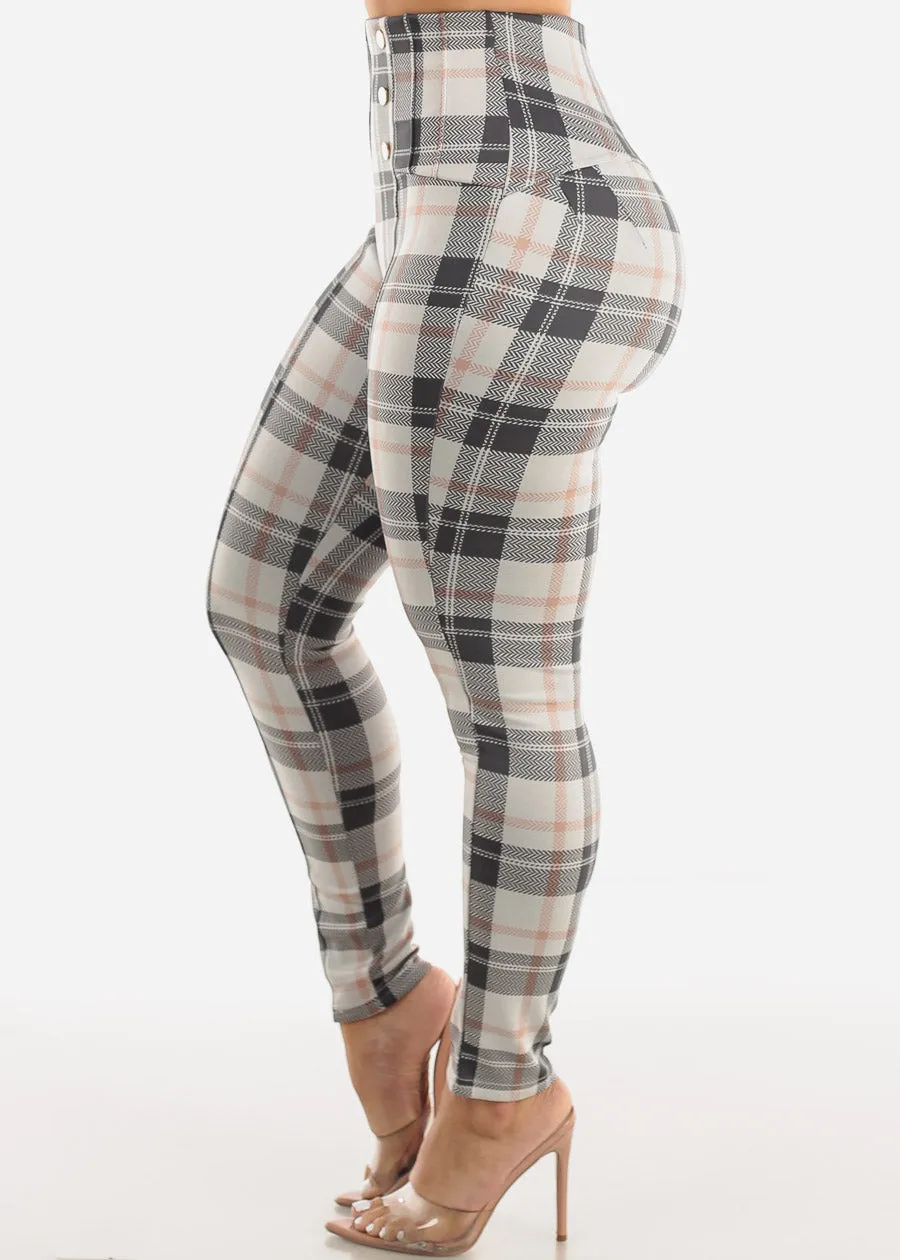 Butt Lifting Plaid Skinny Pants Ivory w Buttons Detail sold by Moda product image thumbnail 4