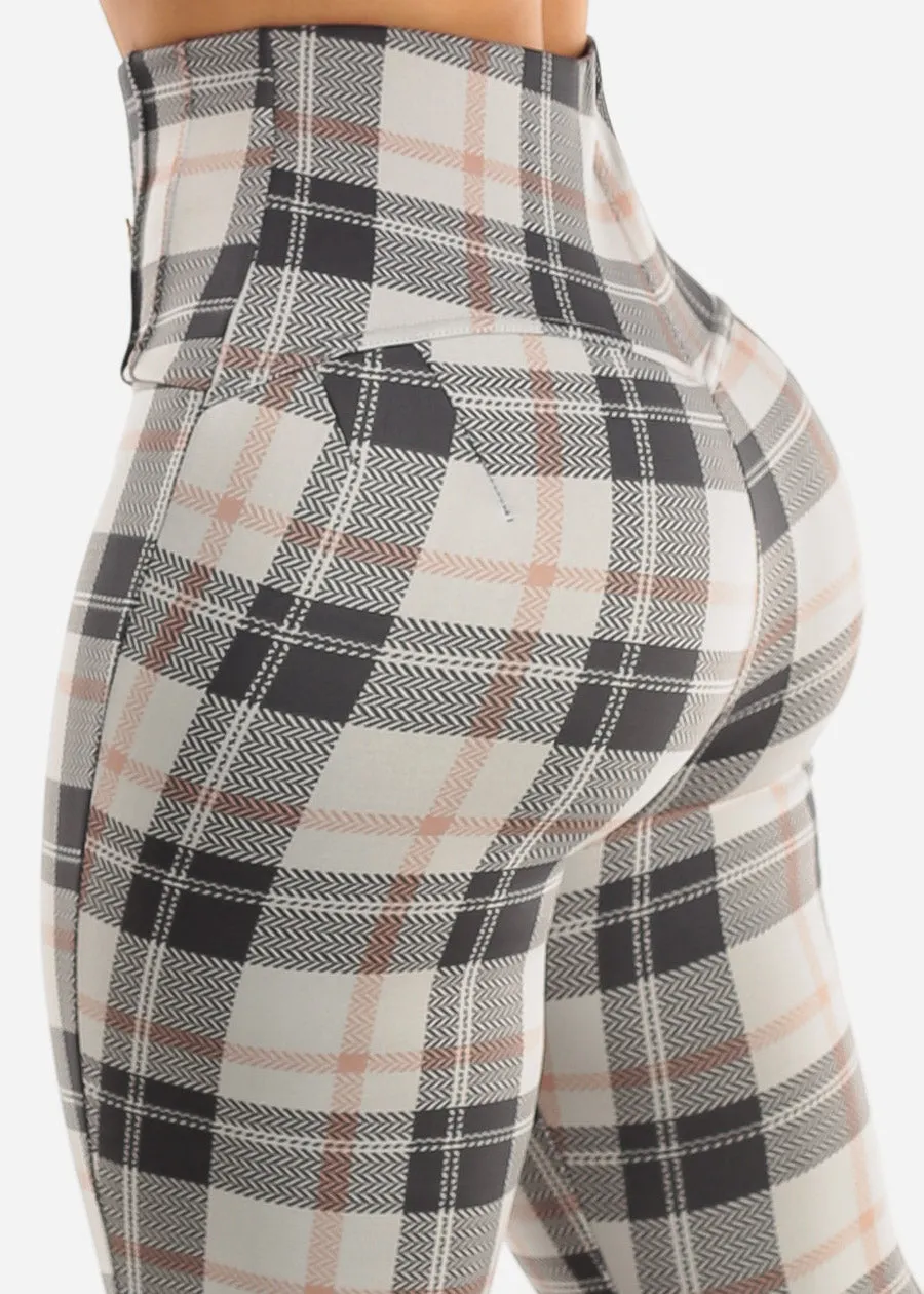 Butt Lifting Plaid Skinny Pants Ivory w Buttons Detail sold by Moda