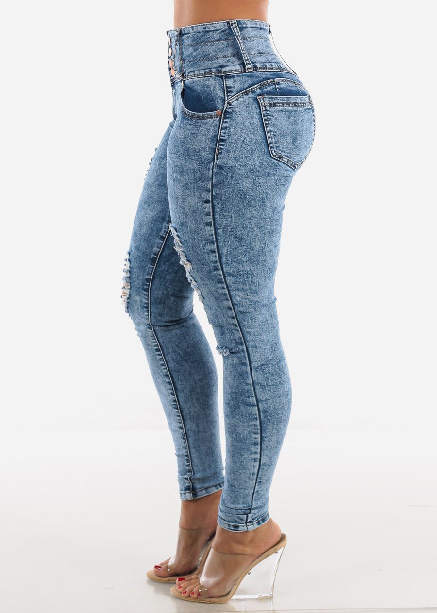 High Waisted Acid Wash Ripped Butt Lift Jeans sold by Moda product image thumbnail 5