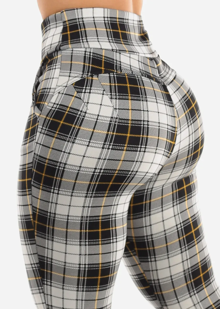 High Waisted Butt Lifting Plaid Skinny Pants White sold by Moda