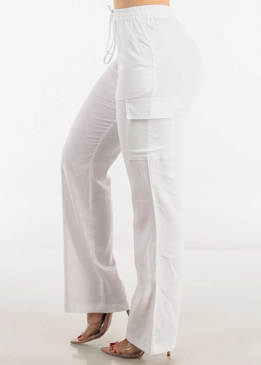 White High Waist Straight Leg Linen Cargo Pants sold by Moda product image thumbnail 3