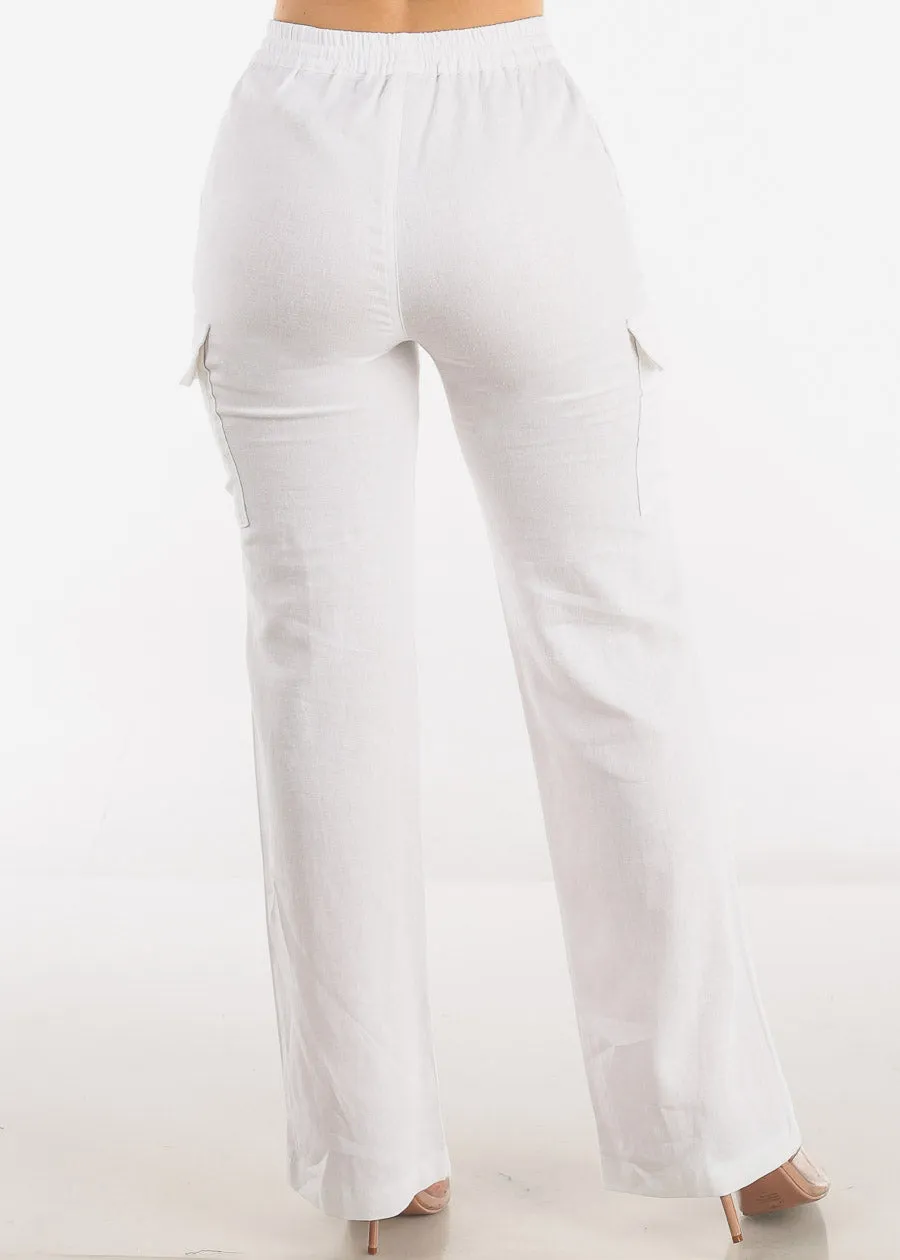 White High Waist Straight Leg Linen Cargo Pants sold by Moda product image thumbnail 4