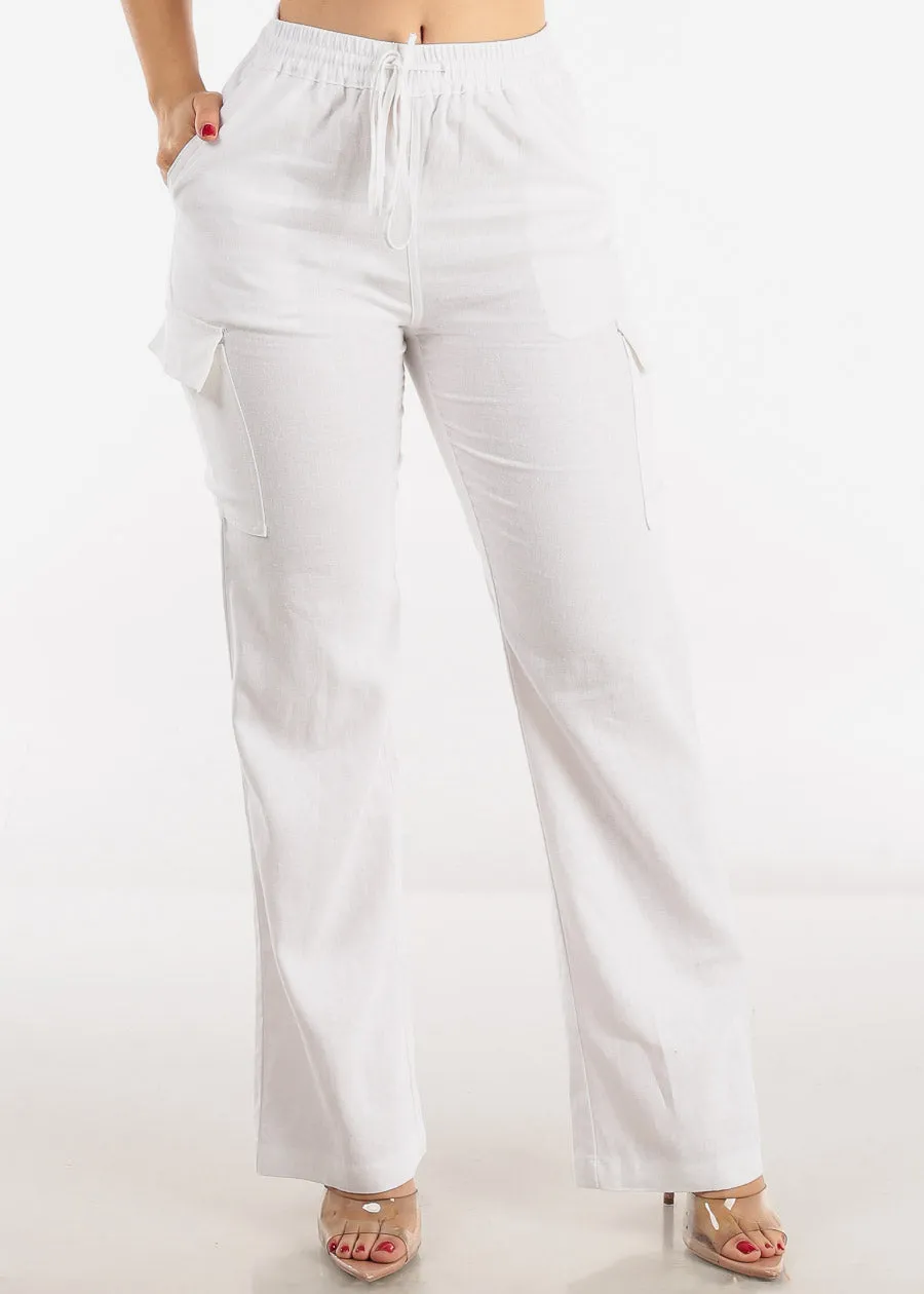 White High Waist Straight Leg Linen Cargo Pants sold by Moda