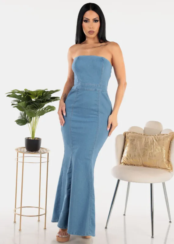 Strapless Denim Mermaid Maxi Dress Med Blue sold by Moda