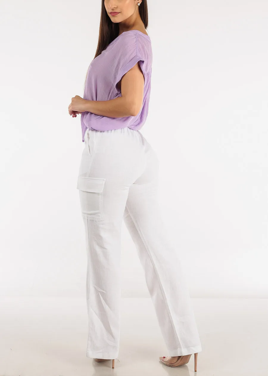 White High Waist Straight Leg Linen Cargo Pants sold by Moda product image thumbnail 5