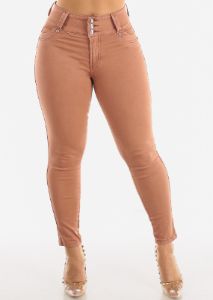 High Waist Butt Lifting Blush Skinny Jeans w Rhinestones sold by Moda