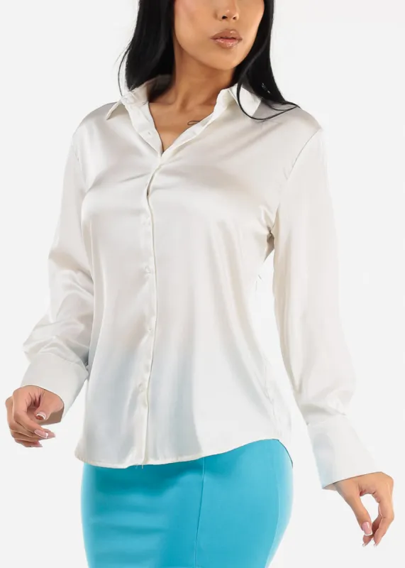 Satin Long Sleeve Button Down Collared Blouse Ivory sold by Moda