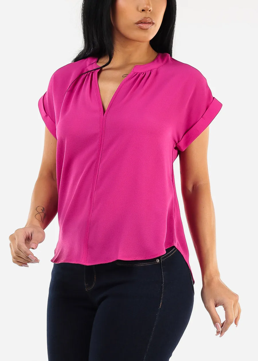 Cuffed Short Sleeve V-neck Blouse Fuchsia sold by Moda