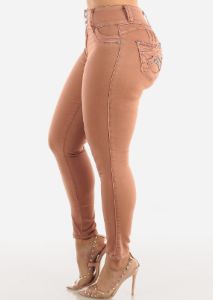 High Waist Butt Lifting Blush Skinny Jeans w Rhinestones sold by Moda