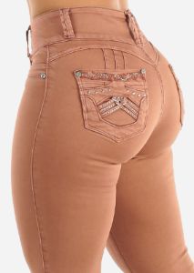 High Waist Butt Lifting Blush Skinny Jeans w Rhinestones sold by Moda