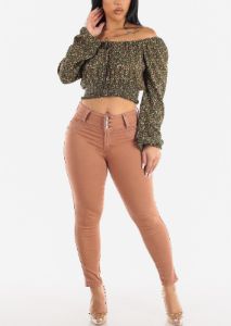 High Waist Butt Lifting Blush Skinny Jeans w Rhinestones sold by Moda