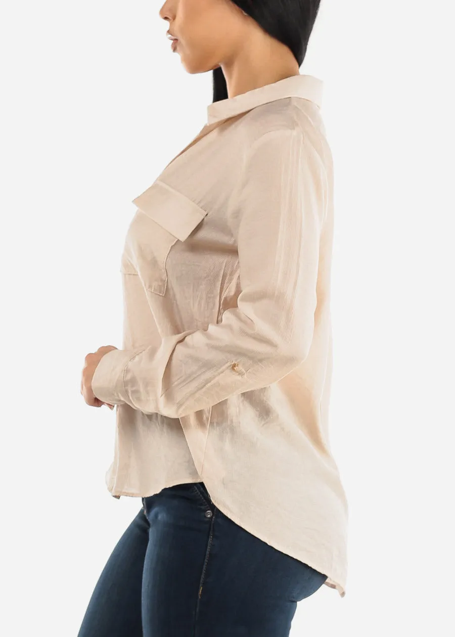 V Neck Long Sleeve Loose Collared Shirt Beige sold by Moda product image thumbnail 3