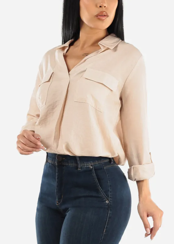 V Neck Long Sleeve Loose Collared Shirt Beige sold by Moda